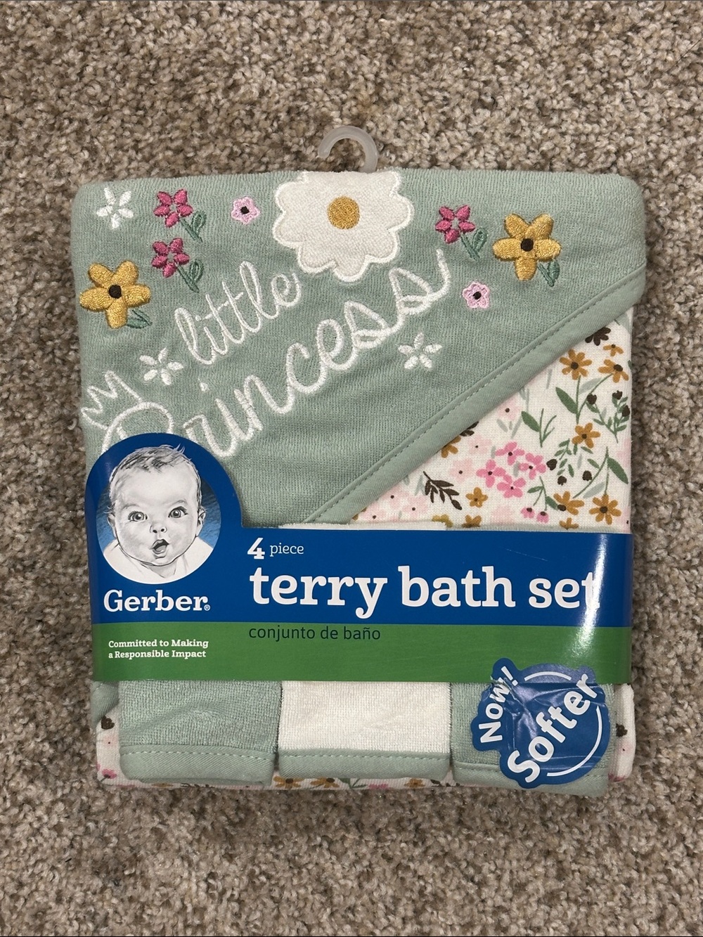Gerber Mint Green and White Floral Baby Hooded Towel Set